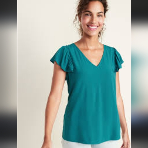 Green Envelope Ruffle Trim V-neck Top Green Teal Womens Small - Picture 2 of 6